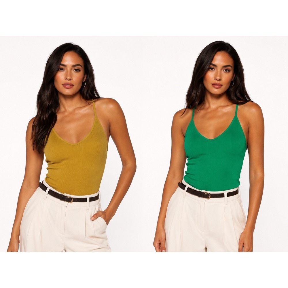 BCBGMAXAZRIA Ribbed V-Neck Cami Tank Top 2-Pack Green Yellow XS Racerback